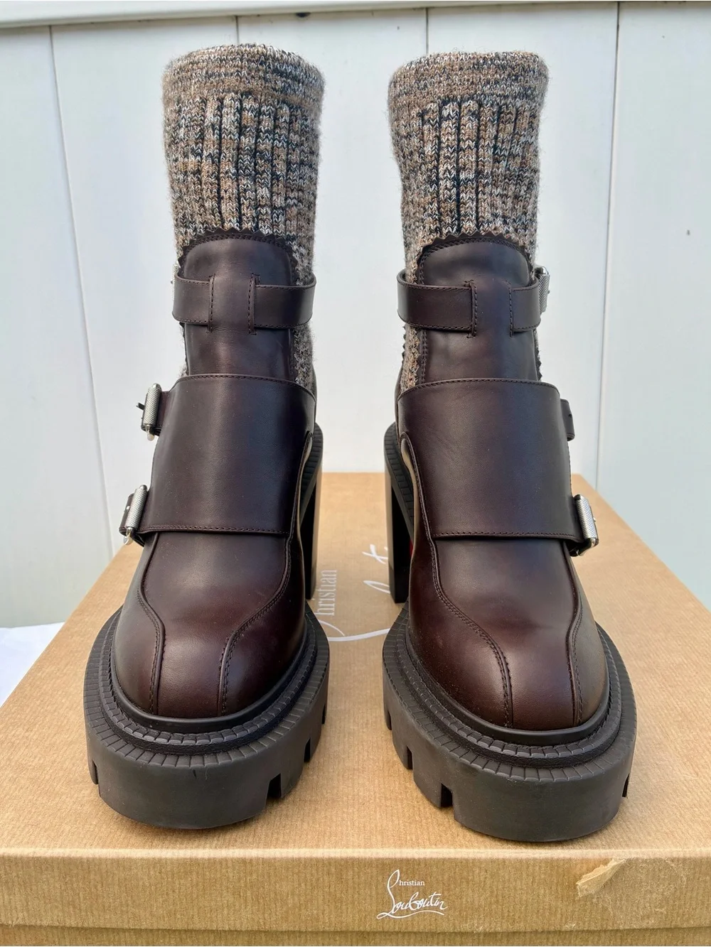 CHRISTIAN LOUBOUTIN CORTINETTA COLLEGE BROWN LEATHER ANKLE BLOCK HEEL BOOT 38.5